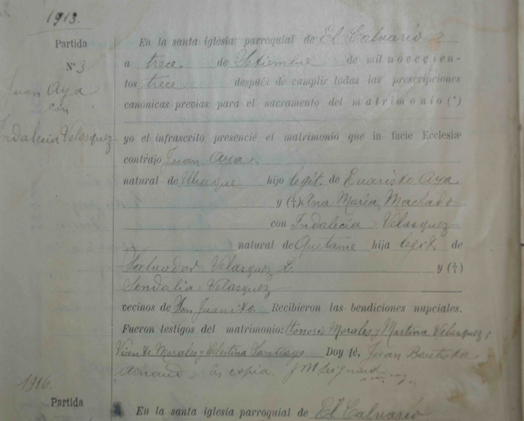 acta de matrimonio de juan crisostomo aya con indalecia velasquez